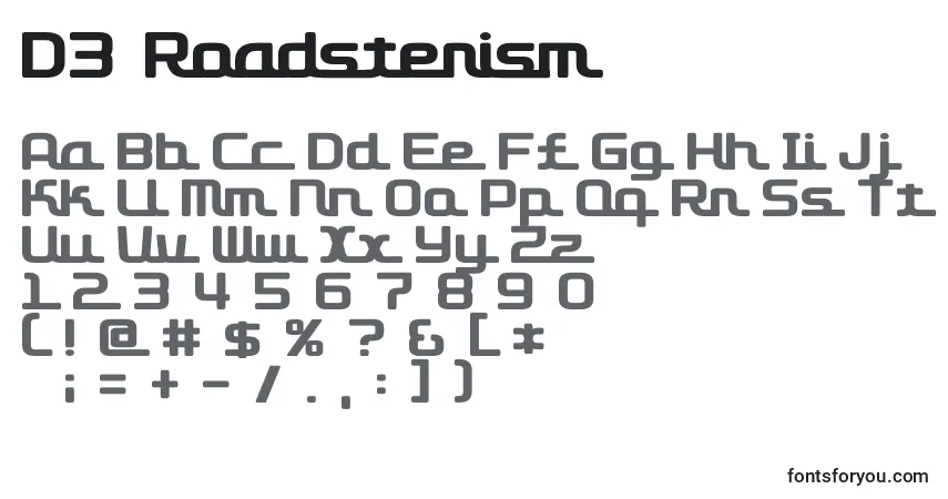 characters of d3 roadsterism font, letter of d3 roadsterism font, alphabet of  d3 roadsterism font